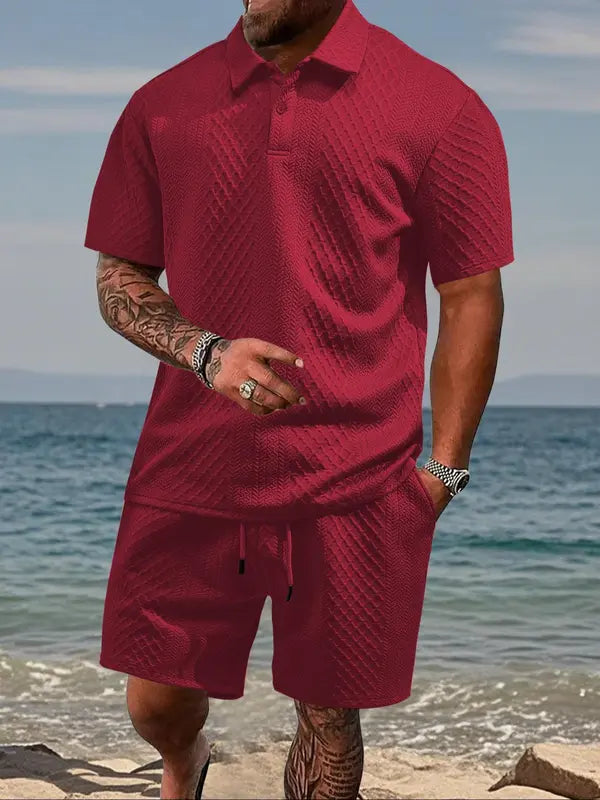 Men's Solid Shortsleeve Polo Shirt & Drawstring Waist Shorts Set