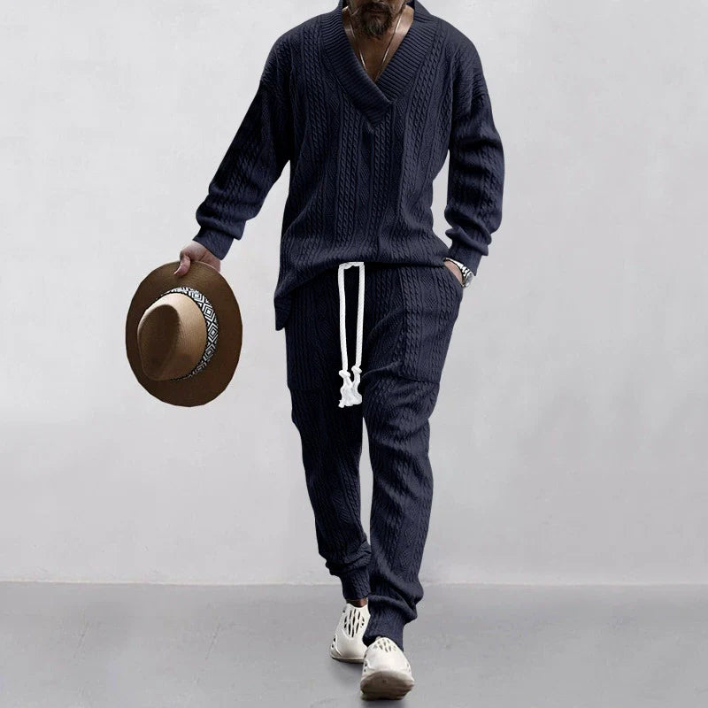 Men's Solid Jacquard Drop Shoulder V Neck Top & Drawstring Waist Pants Set