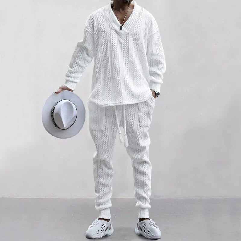 Men's Solid Jacquard Drop Shoulder V Neck Top & Drawstring Waist Pants Set